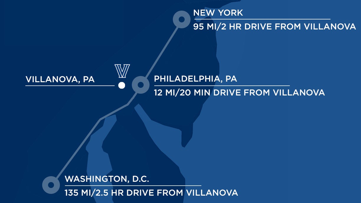 A map drawing that shows NYC is 95mi/2-hr drive to èƵapp, Philadelphia is 12mi/20-min drive to èƵapp, Washington DC is 135mi/2.5-hr drive to èƵapp 